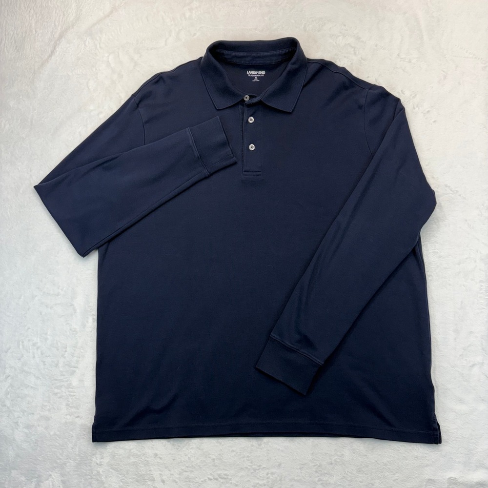 Lands End Mens XL Navy Blue Supima Cotton Long Sleeve Polo Shirt Traditional Fit